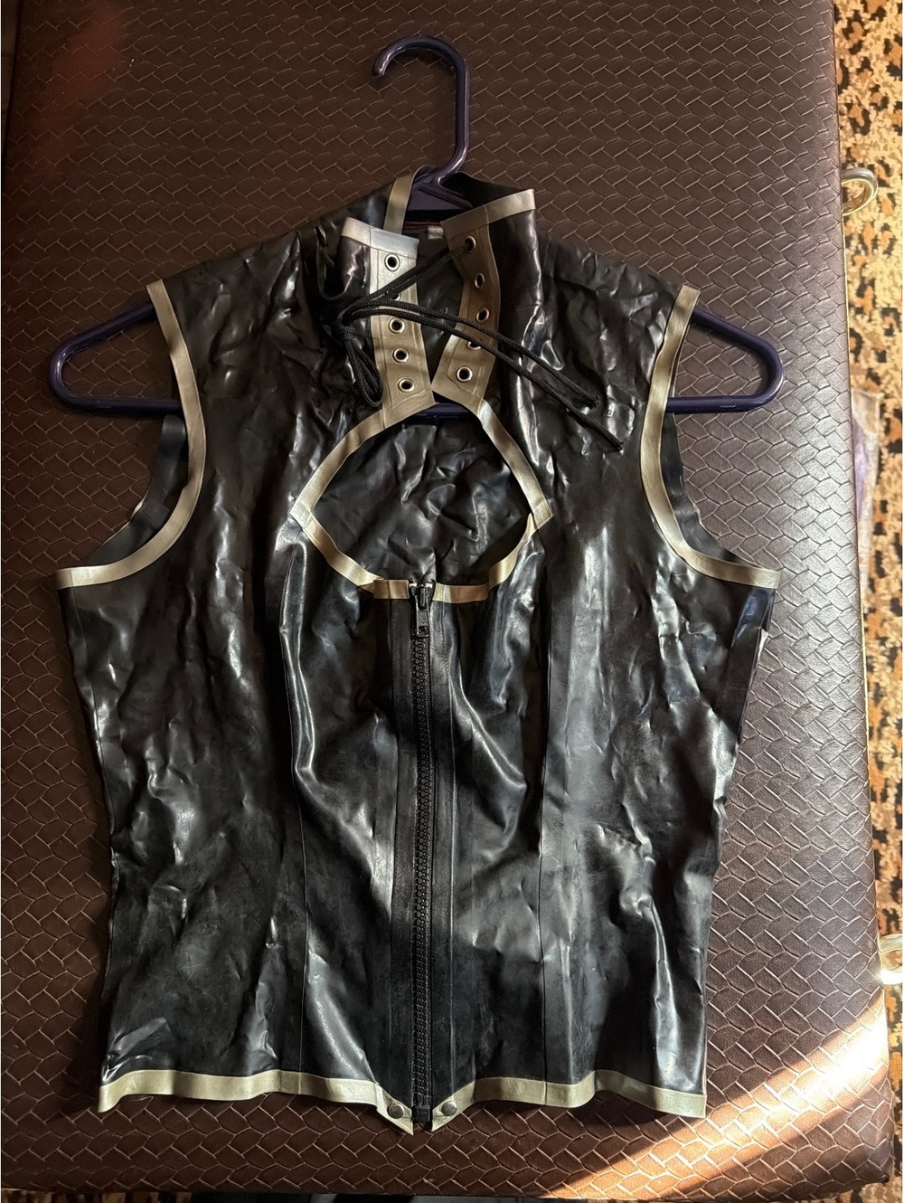 Pigalle vintage latex top with pewter trim